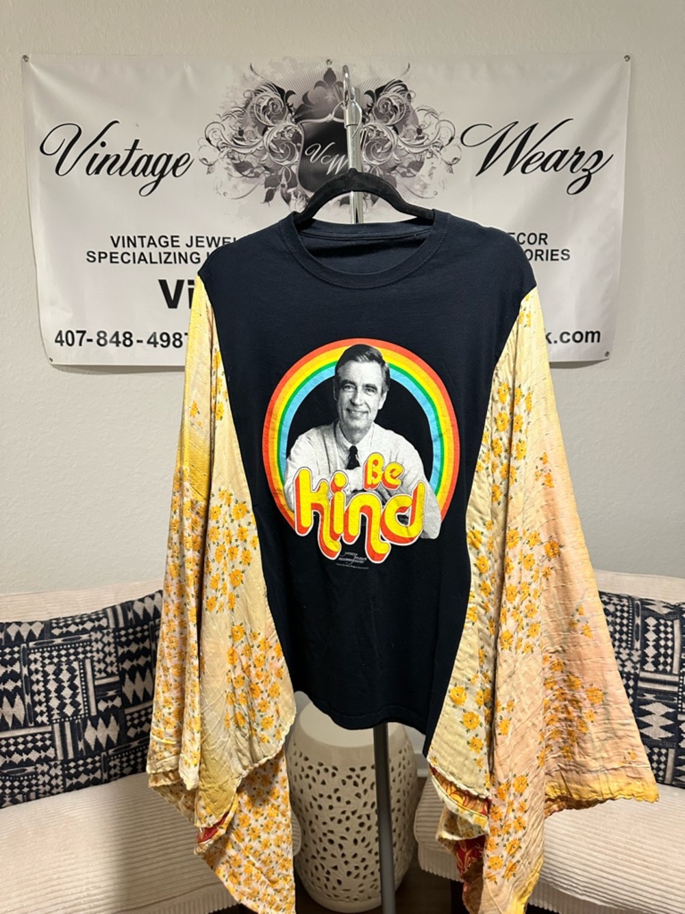 Over 50% OFF! Be Kind Rainbow Graphic Tee with Floral Kantha Sleeves OOAK